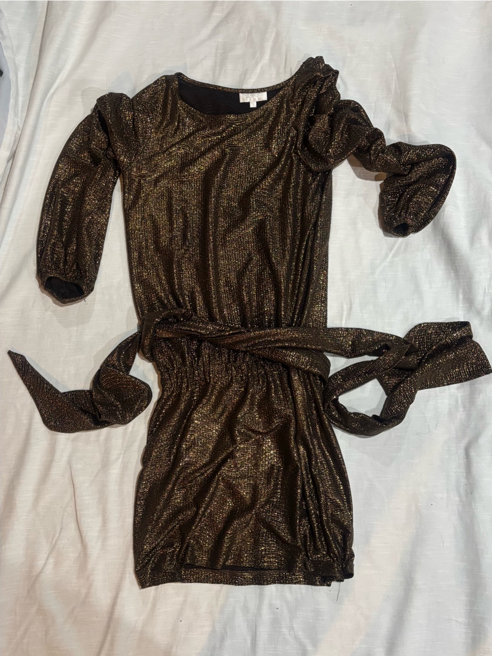 Alexis Bronze Metallic Long-Sleeve Belted Bodysuit Dress